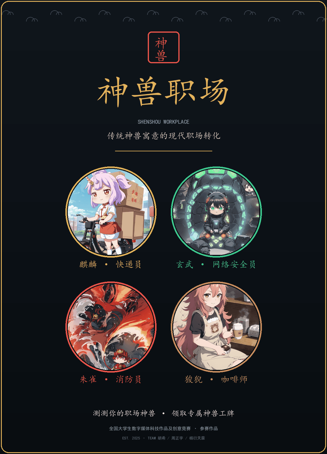 神兽职场宣传海报：麒麟、玄武、朱雀和狻猊的职业形象