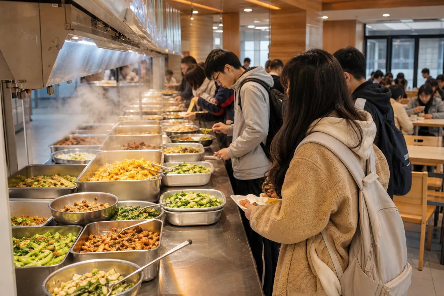 午餐时间学生在校园食堂自选菜窗口取餐