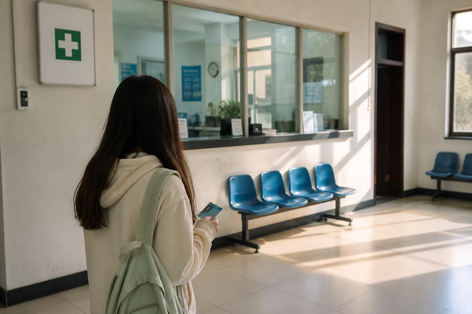 学生在校园医疗点的候诊窗口前准备就诊